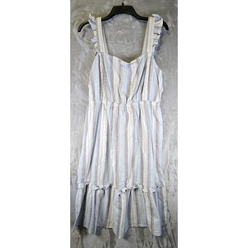 Madison Grey Cotton Striped Flounce Dress Tiered Ruffles Boho Beachy Peasant S-M